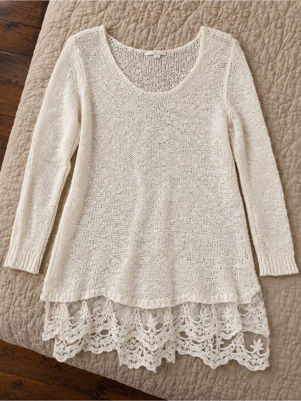 Cato Cream Scoop-Neck Knit Sweater with Lace Hem Trim